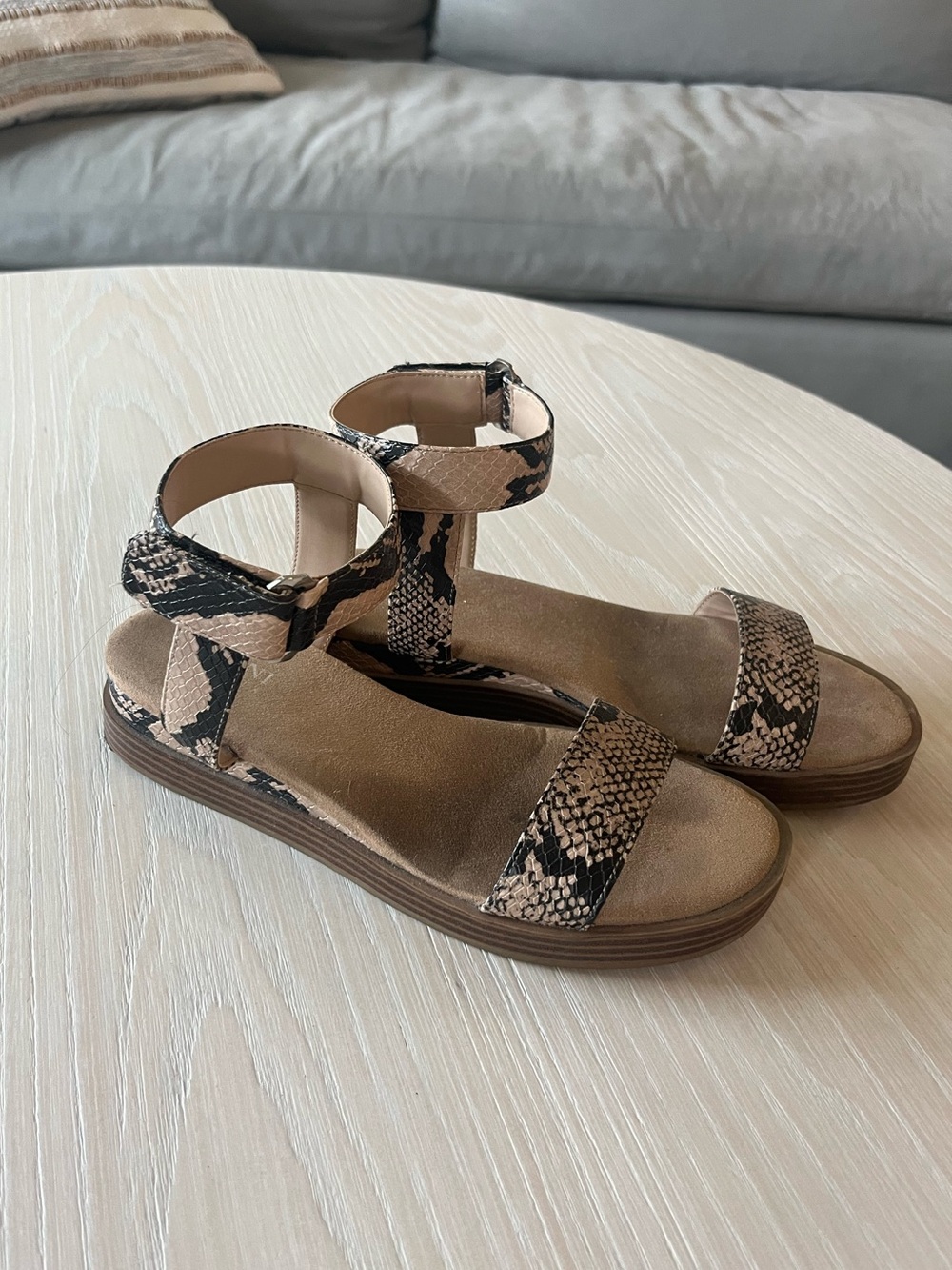 Snake Print Ankle-Strap Women's Sandals in Beige
